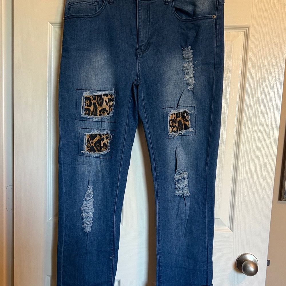 L&B Blue Distressed Jeans with Leopard Accents